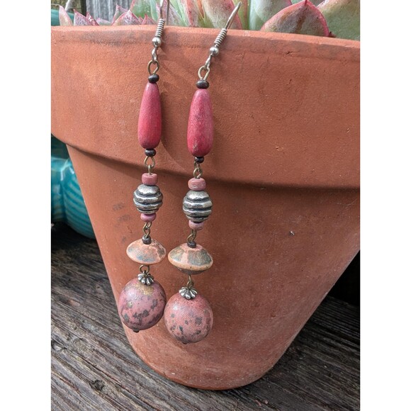 Vintage Wood Bead Dangle Earrings: Bohemian Earrings - Picture 2 of 13